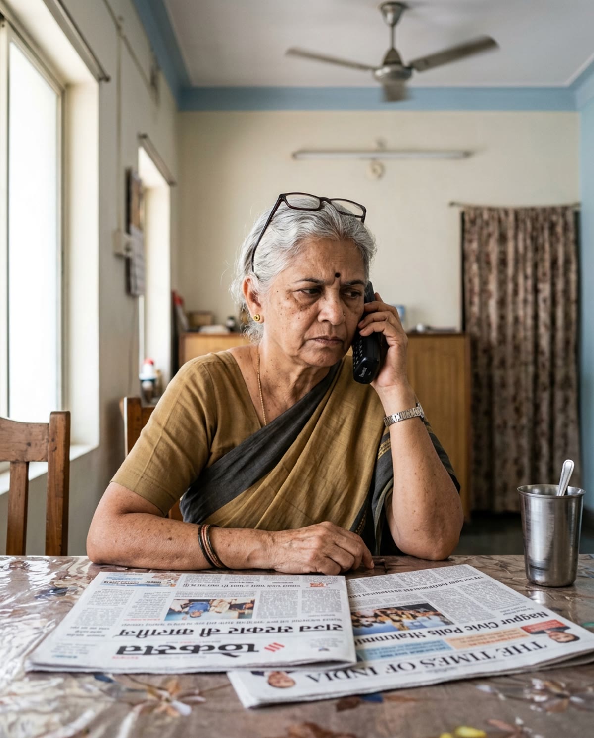 Kamala, 76, at her dining table in Nagpur with two newspapers, listening on a cordless phone.