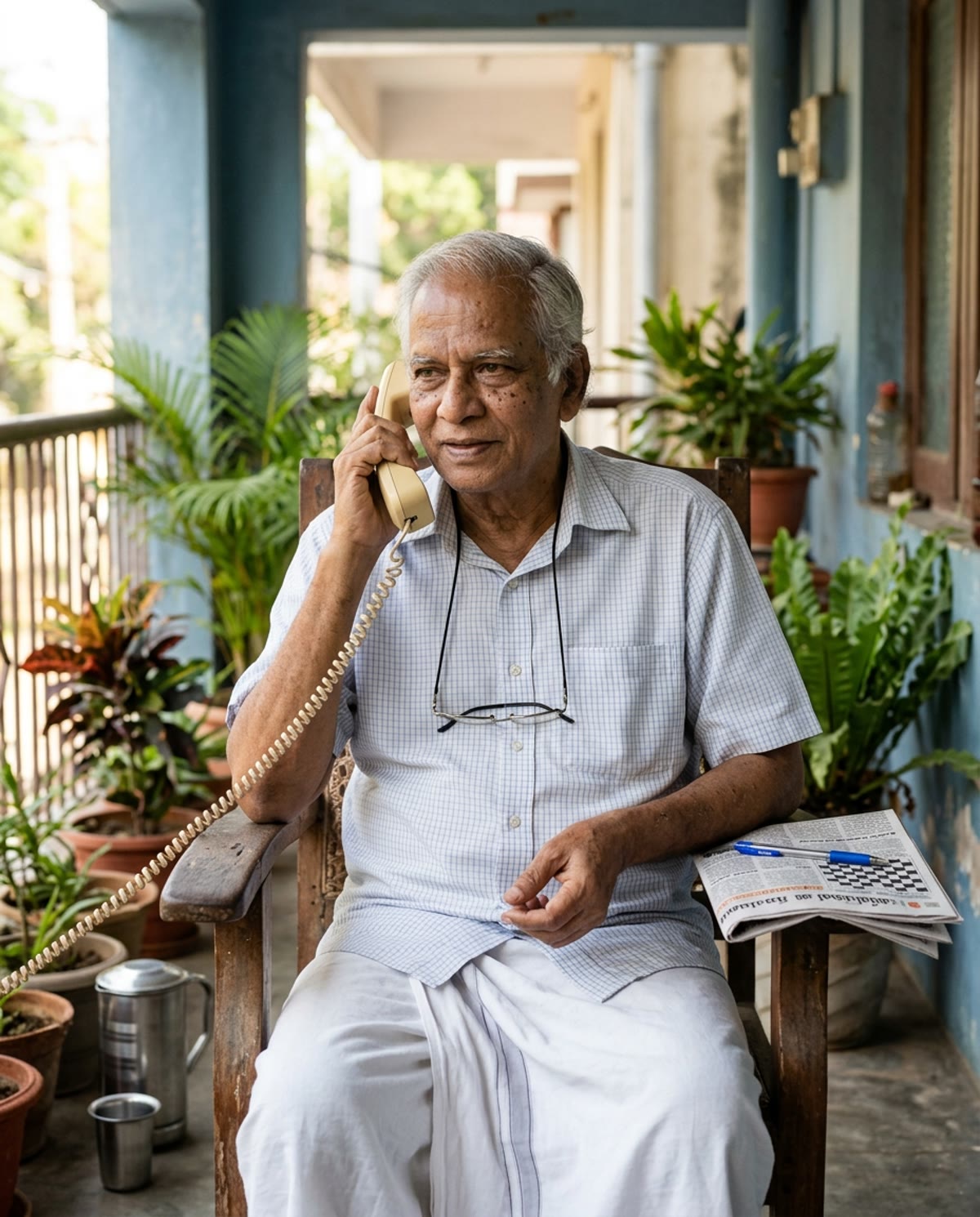 Ravi, 73, on a shaded veranda in Chennai, holding a landline handset, with a crossword on the armrest.