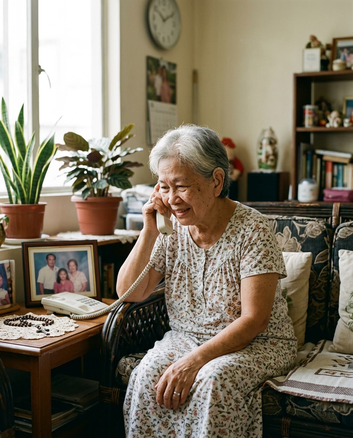 Rosa, 79, on a rattan sofa in Manila, pressing a landline phone to her ear and leaning in to listen.